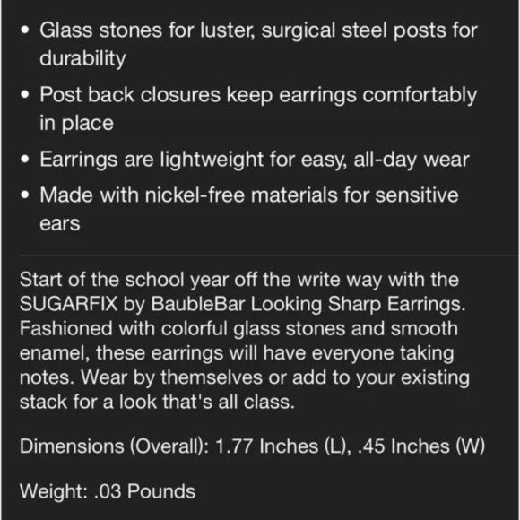 Sugarfix Baublebar Looking Sharp Lead Pencil Earrings NWT Back to School - Picture 3 of 5